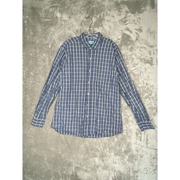 J. Mclaughlin Trim Fit Shirt Mens XL Blue Plaid Button Up Checked Linen Blend - Picture 1 of 10